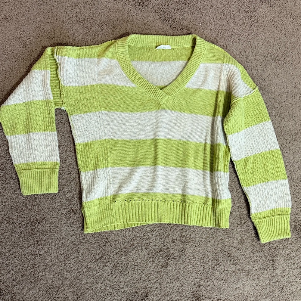 Striped V-Neck Sweater Lime Green and White Medium
